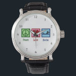 Peace Love Swimming Cute Swim Team Horloge<br><div class="desc">Peace Love Swimming watch. Deze schattige kerstcadeau voor de zwemtocht is voorzien van een vredesteken,  een hart en een zwemmer bij een zwemtocht. Koel zwemteam coach cadeau polshorloge.</div>