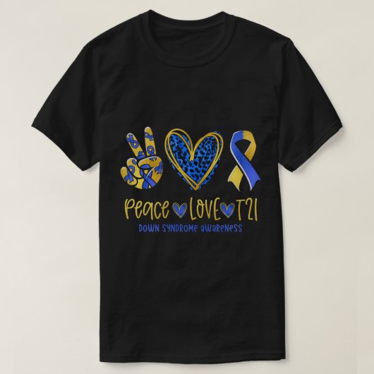 Peace Love T21 Blue Yellow Ribbon Down Syndrome Aw T-shirt (Design voorkant)