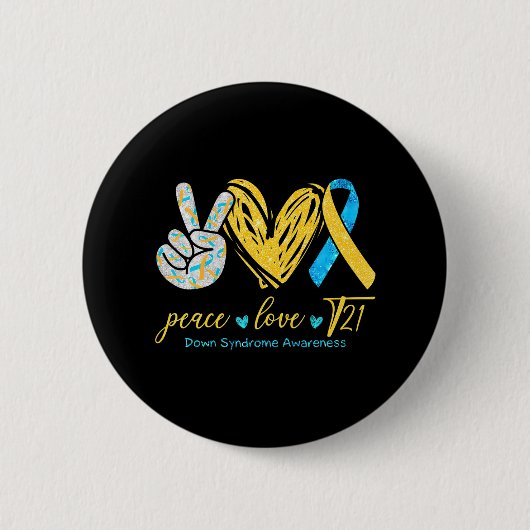Peace Love T21 Blue Yellow Ribbon Down Syndrome Ronde Button 5,7 Cm (Voorkant)