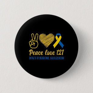 Peace Love T21 Blue Yellow Ribbon Down Syndrome Ronde Button 5,7 Cm