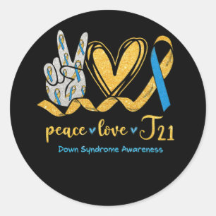 Peace Love T21 Blue Yellow Ribbon Down Syndrome Ronde Sticker