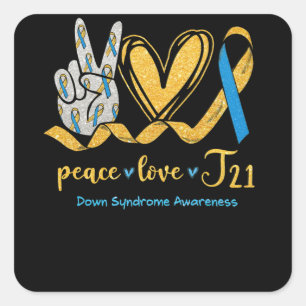 Peace Love T21 Blue Yellow Ribbon Down Syndrome Vierkante Sticker