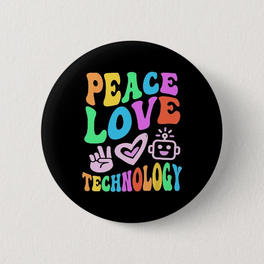Peace Love Technology Retro Computer Leraar Vibes Ronde Button 5,7 Cm (Voorkant)