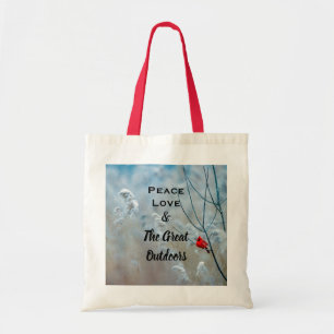 Peace Love & The geweldige Outdoor Cardinale Foto Tote Bag