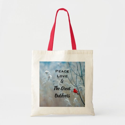Peace Love & The geweldige Outdoor Cardinale Foto Tote Bag (Voorkant)