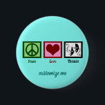 Peace Love Theater Cute Custom Ronde Button 5,7 Cm<br><div class="desc">De knopen van de Theater van de Vredesliefde met een schattig ontwerp van een groen vredesbord, hart, en twee dramaskers die een acteur en een actrice in het theater vertegenwoordigen. Een cadeau van een theaterclub voor iemand die graag in toneelstukken en theaterproducties handelt. Een geweldig toneelvormig cadeau voor een fan...</div>