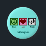 Peace Love Theater Cute Custom Ronde Button 5,7 Cm<br><div class="desc">De knopen van de Theater van de Vredesliefde met een schattig ontwerp van een groen vredesbord, hart, en twee dramaskers die een acteur en een actrice in het theater vertegenwoordigen. Een cadeau van een theaterclub voor iemand die graag in toneelstukken en theaterproducties handelt. Een geweldig toneelvormig cadeau voor een fan...</div>