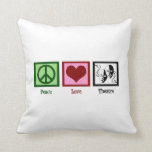 Peace Love Theater Kussen<br><div class="desc">Een vredesteken,  hart,  en de gelukkige en trieste maskers die populair zijn in de theaterwereld. Ik hou ervan om in het theater te handelen. Een geweldige acteur cadeau.</div>