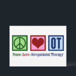Peace Love to Occupational Therapist Feestdagenkaart<br><div class="desc">Een schattige ergotherapeut kerstkaart met een groen vredesteken,  rood hart en OT in het blauw geschreven op een blauwe achtergrond. Beroepstherapie is zo'n belangrijke bezigheid. Het helpt zowel volwassenen als kinderen met sensorische therapie.</div>