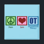 Peace Love to Occupational Therapy Magneet<br><div class="desc">Een schattig kerstcadeau voor professionele therapeuten met een groen vredesteken,  rood hart en OT,  in blauw geschreven op een blauwe achtergrond. Beroepstherapie is zo'n belangrijke bezigheid. Het helpt zowel volwassenen als kinderen met zintuiglijke therapie.</div>