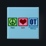 Peace Love to Occupational Therapy Vierkante Button 5,1 Cm<br><div class="desc">Een schattig kerstcadeau voor professionele therapeuten met een groen vredesteken,  rood hart en OT,  in blauw geschreven op een blauwe achtergrond. Beroepstherapie is zo'n belangrijke bezigheid. Het helpt zowel volwassenen als kinderen met zintuiglijke therapie.</div>