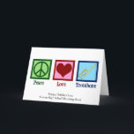 Peace Love Trombone Custom Band Kerst Feestdagen Kaart<br><div class="desc">Custom Peace Love Trombone Kerstkaart voor een lid van de marcherende band die graag een messing instrument speelt. Een schattig vredesteken,  hart en trombone op gepersonaliseerde vakantiekaarten.</div>