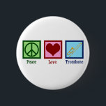 Peace Love Trombone Speler Ronde Button 5,7 Cm<br><div class="desc">Peace Love Trombone knop voor een lid van de marcherende band die graag een messing instrument speelt. Een schattig vredesteken,  hart en trombone.</div>