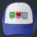 Peace Love Trombone Speler Trucker Pet<br><div class="desc">Peace Love Trombone pet voor een lid van de fanfare die graag een koperblaasinstrument bespeelt. Een schattig vredesteken,  hart en trombone.</div>