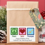 Peace Love Trompet Schattige Custom Band Christmas Rechthoekige Sticker<br><div class="desc">Een schattige op maat gemaakte marching band Christmas cadeau sticker met een vredesteken,  hart,  en het instrument. Cool gepersonaliseerde trompettervakantielabels die Peace Love Trumpet lezen voor een koperen speler.</div>