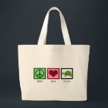 Peace Love Turtles Grote Tote Bag<br><div class="desc">Een groen vredesteken, een hart en een schattige schildpad.</div>