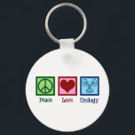 Peace Love Urology Sleutelhanger<br><div class="desc">Peace Love Urology. Een coole uroloog cadeau voor een uroloog of verpleegster met een vredelievend teken,  hart en afbeelding van een blaas. Cadeaus van de grote afdeling urologie.</div>