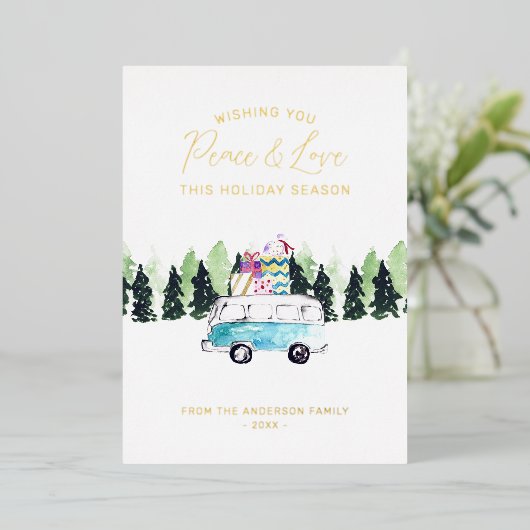 Peace & Love  Van Christmas Vakantiefoto Folie Feestdagenkaart (Staand Voorkant)