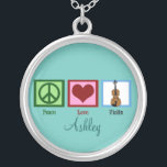 Peace Love Violes Custom Blauwgroen Zilver Vergulden Ketting<br><div class="desc">Een vredesteken,  hart en viool. Een schattig gepersonaliseerd juwelencadeau voor een violist.</div>