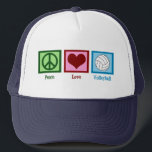 Peace Love Volleyball Trucker Pet<br><div class="desc">Een vredesteken,  hart en een  volleybal op een blauw vierkant. Ik hou van volleybal,  strand,  binnenshuis,  noem maar op!</div>