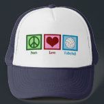 Peace Love Volleyball Trucker Pet<br><div class="desc">Een vredesteken,  hart en een  volleybal op een blauw vierkant. Ik hou van volleybal,  strand,  binnenshuis,  noem maar op!</div>