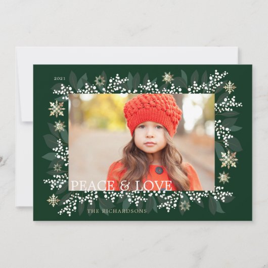 Peace & Love White Berries Foliage Snowflakes Feestdagenkaart (Voorkant)
