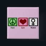 Peace Love Women Vierkante Button 5,1 Cm<br><div class="desc">Een vredesteken,  hart en het symbool voor een vrouw. versterking van de positie van de vrouw en de rechten van de vrouw.</div>