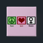 Peace Love Women Vierkante Button 5,1 Cm<br><div class="desc">Een vredesteken,  hart en het symbool voor een vrouw. versterking van de positie van de vrouw en de rechten van de vrouw.</div>