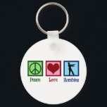 Peace Love Zombies Sleutelhanger<br><div class="desc">Een grappig zombiecadeau met een ondood persoon die rondloopt met dode armen naast een vredesteken en een hart. Een schattige cartoon zombie voor iemand die van horrorfilms houdt en tv-shows over bovennatuurlijke wezens.</div>