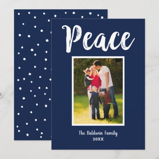 Peace Navy Blauw Geborsteld Script Foto Feestdagenkaart (Voorkant / Achterkant)