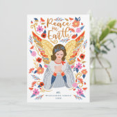 Peace on Earth Angel Floral Folk Art White Feestdagenkaart (Staand voorkant)