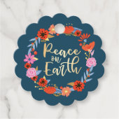 Peace on Earth  Bloemen Folk Art Krans Blauw Bedankjes Labels (Voorkant)