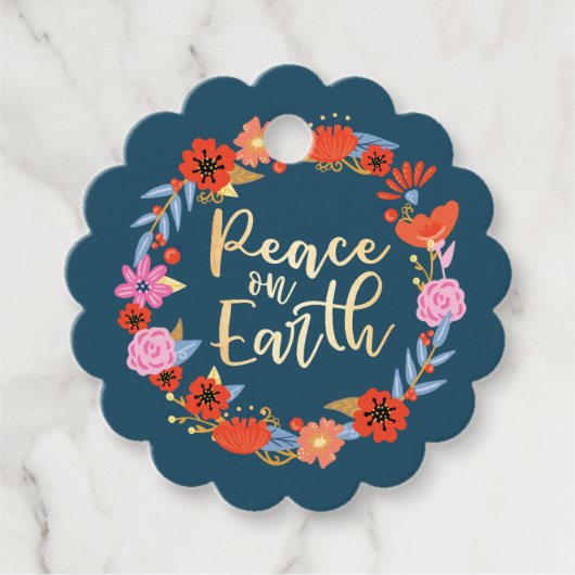 Peace on Earth  Bloemen Folk Art Krans Blauw Bedankjes Labels (Voorkant)
