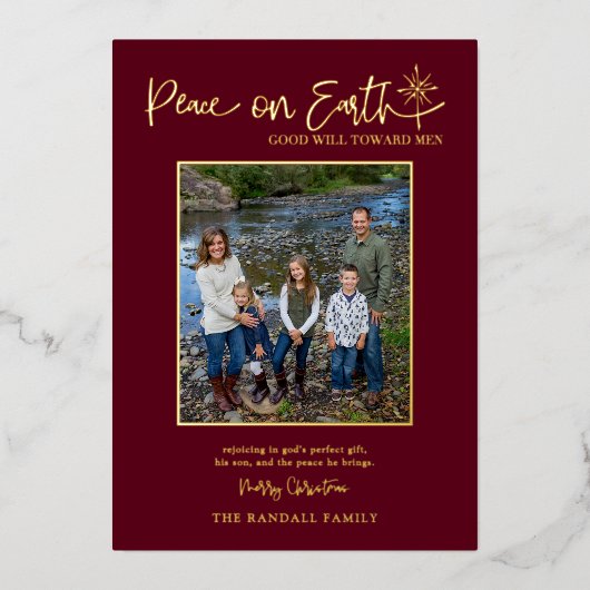 Peace on Earth Burgundy Photo Christmas Elegant Folie Feestdagenkaart (Voorkant)