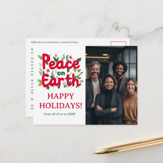 PEACE ON EARTH BUSINESS CUSTOM PHOTO Holiday Briefkaart (Voorkant / Achterkant in situ)