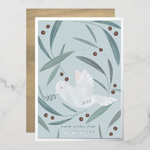 Peace on Earth Dove Blue Silver Foil Holiday Kaart