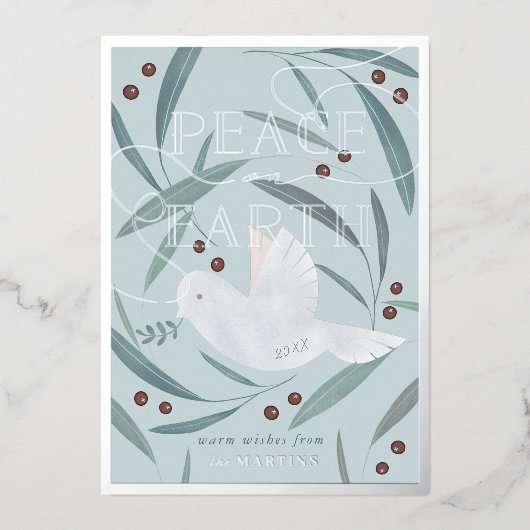 Peace on Earth Dove Blue Silver Foil Holiday Kaart (Voorkant)