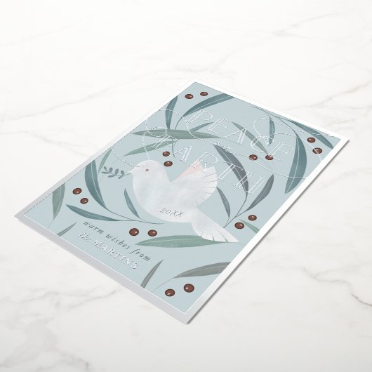 Peace on Earth Dove Blue Silver Foil Holiday Kaart (Gedraaid)