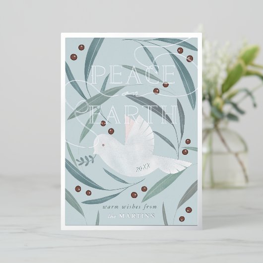 Peace on Earth Dove Blue Silver Foil Holiday Kaart (Staand Voorkant)