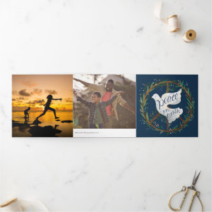 Peace on Earth Dove Holiday Photo Tri-Fold Kaart