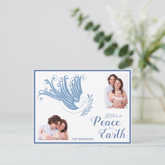 Peace on Earth Dove Kerstfoto blauw Feestdagenkaart (Staand voorkant)