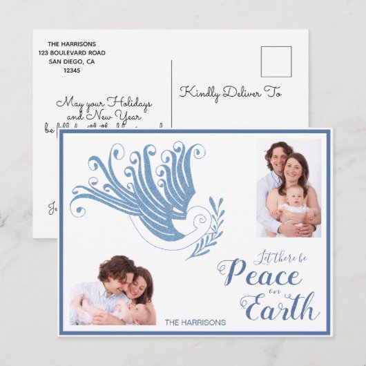 Peace on Earth Dove Kerstfoto blauw Feestdagenkaart (Voorkant / Achterkant)