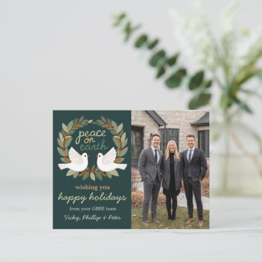 Peace on Earth Doves Business CUSTOM PHOTO  Feestdagenkaart (Staand voorkant)