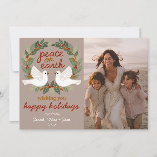 Peace on Earth Doves Christmas CUSTOM 3 FOTO Feestdagenkaart (Voorkant)