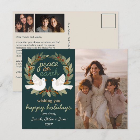 Peace on Earth Doves Christmas CUSTOM 3 FOTO Feestdagenkaart (Voorkant / Achterkant)