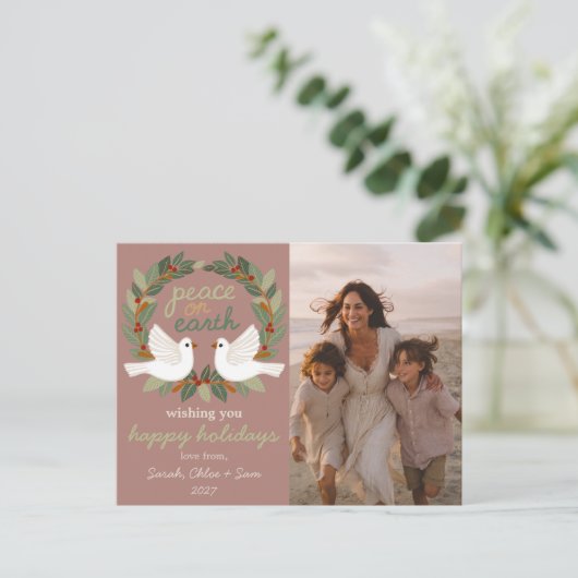 Peace on Earth Doves Christmas CUSTOM 3 FOTO Feestdagenkaart (Staand voorkant)