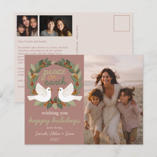 Peace on Earth Doves Christmas CUSTOM 3 FOTO Feestdagenkaart (Voorkant / Achterkant)