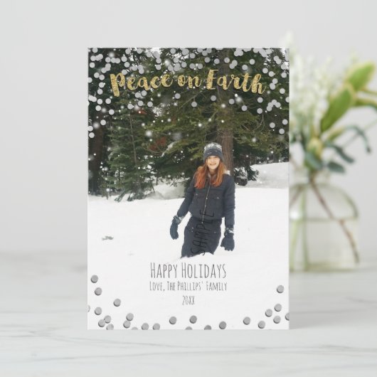 Peace on Earth Gold Silver Holiday - kerstfoto Feestdagenkaart (Staand voorkant)