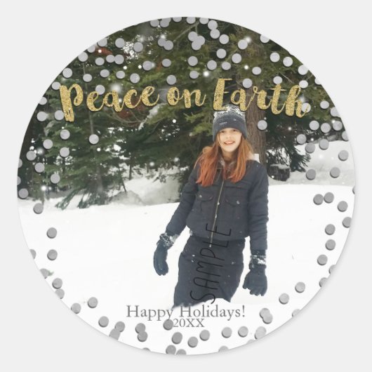Peace on Earth Gold Silver Holiday - kerstfoto Ronde Sticker (Voorkant)