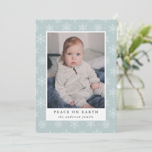 Peace on Earth Ice Blue Sneeuwvlok 3 Foto Feestdagenkaart (Staand voorkant)